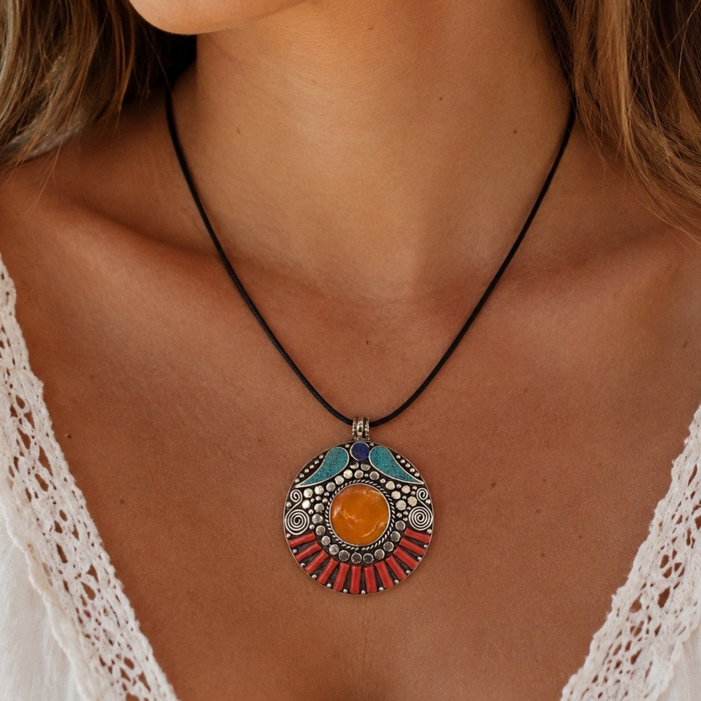 Tibetan Handmade Coral Turquoise Lapis Medallion Pendant ONLY Boho Ethnic